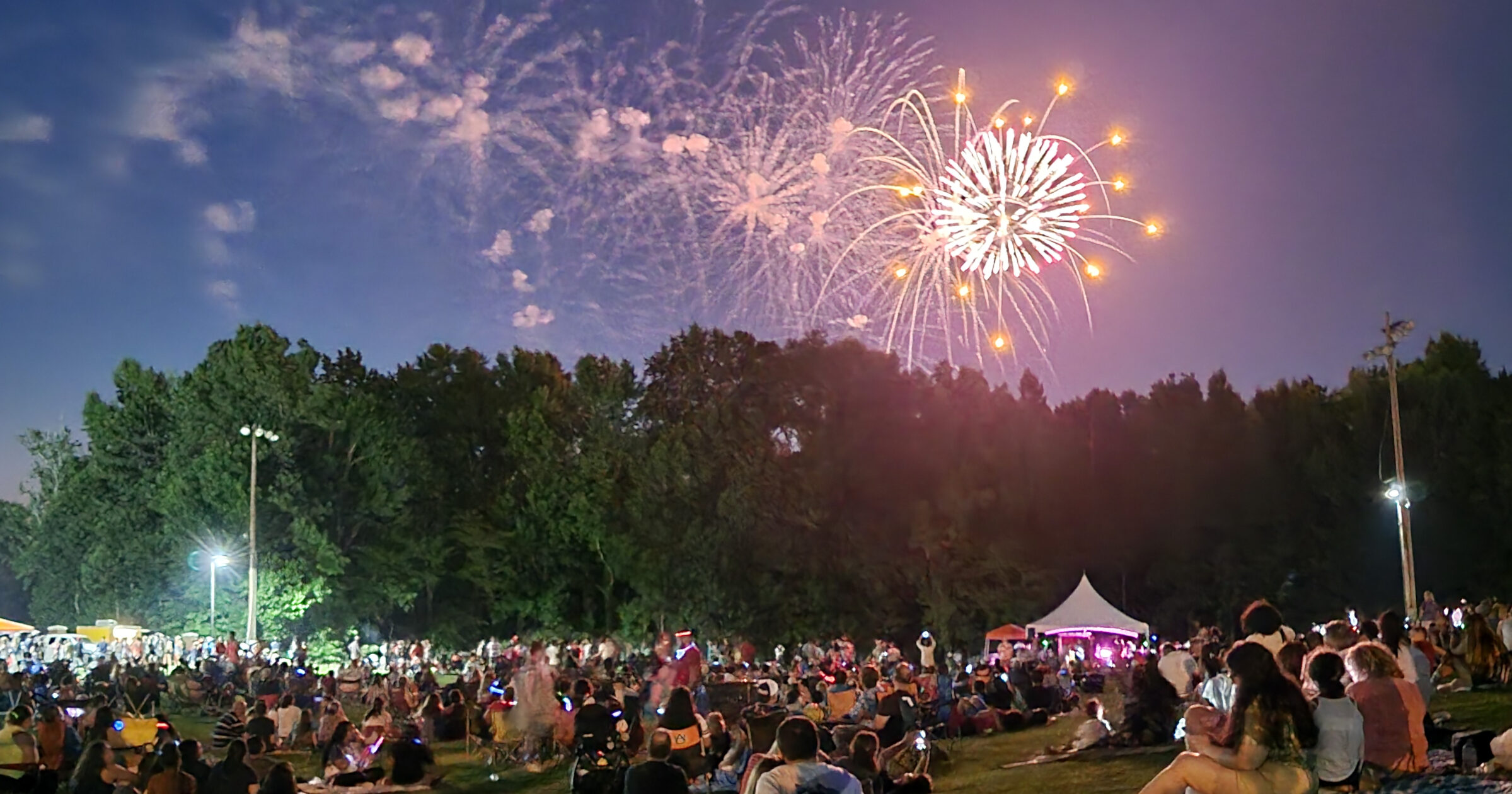Crowd watching fireworks at a nighttime outdoor event.