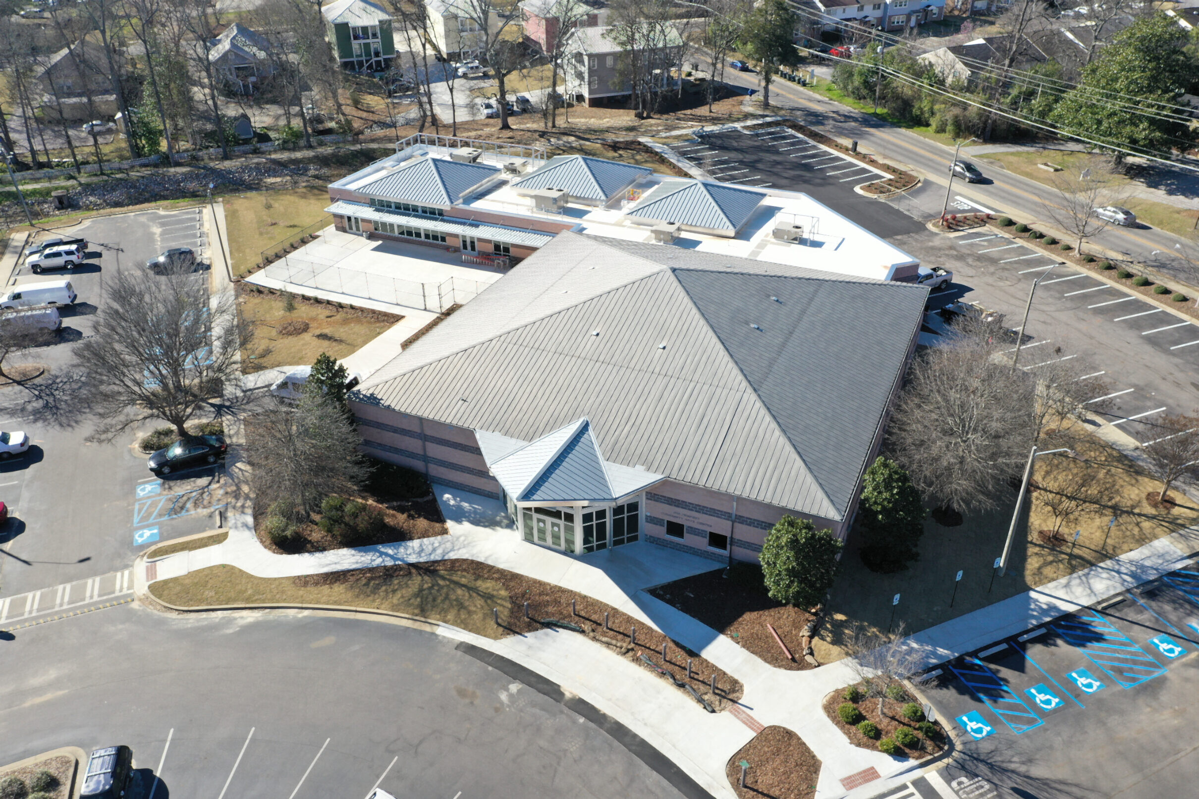 Drone picture of the front of the Arts Center showing the building from above.