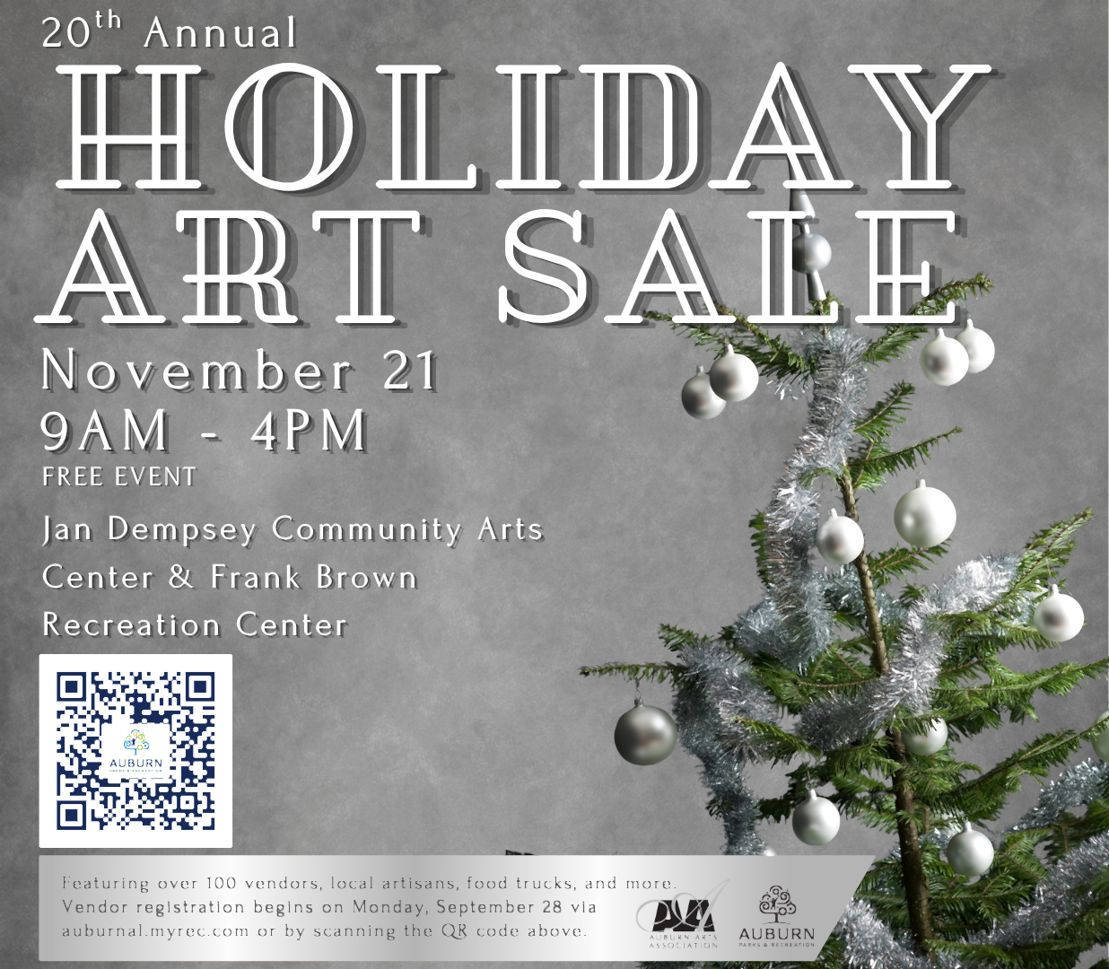 Promotional flyer for the 20th Annual Holiday Art Sale on November 21 from 9 AM to 4 PM at the Jan Dempsey Community Arts Center and Frank Brown Recreation Center. Free event featuring over 100 vendors, local artisans, food trucks, and more. A QR code is included for vendor registration and event information. The design features a decorated holiday tree with silver garland and ornaments on a gray background.