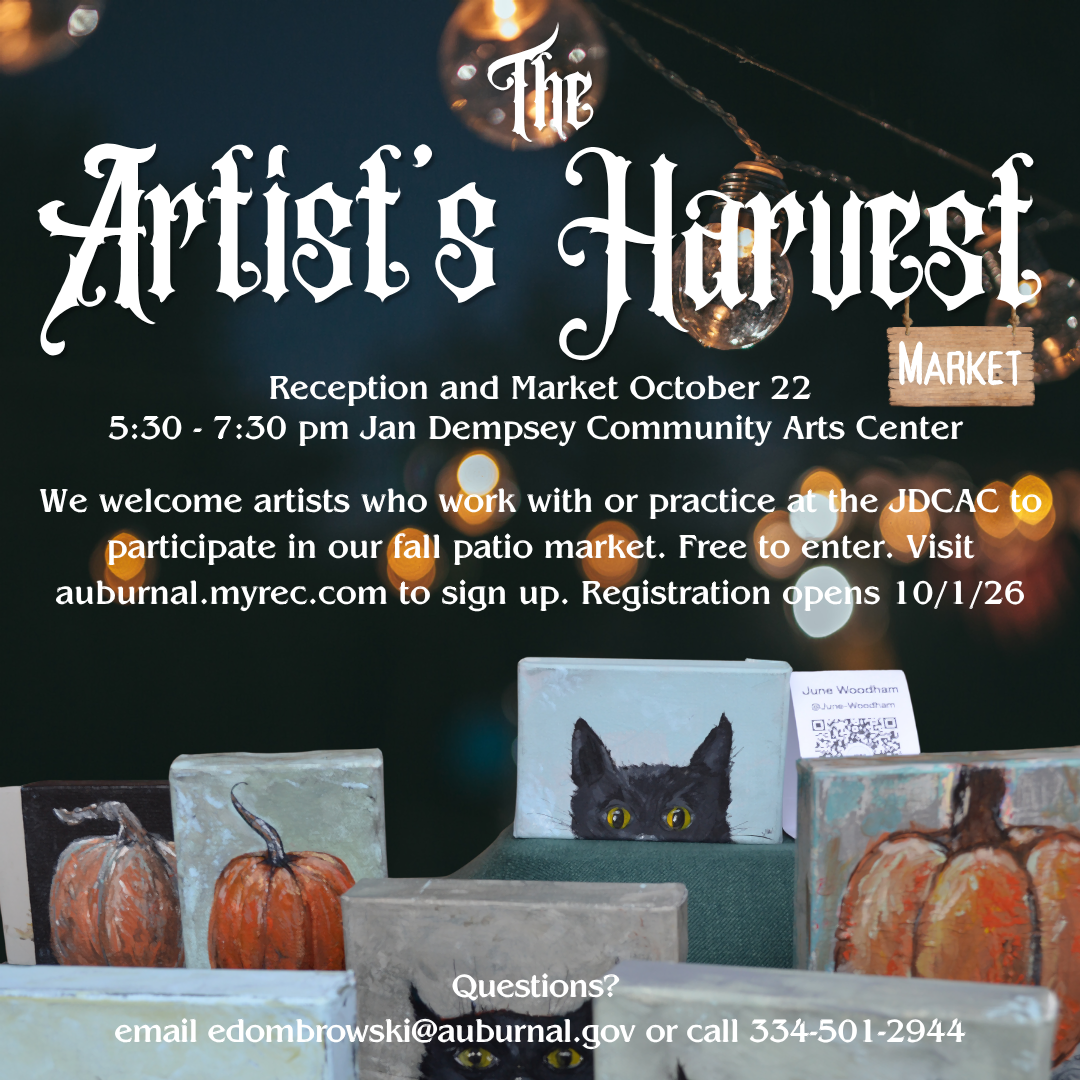 Flyer for The Artist’s Harvest Market at the Jan Dempsey Community Arts Center on October 22, featuring string lights, pumpkin paintings, and black cat artwork, with event and artist registration information.